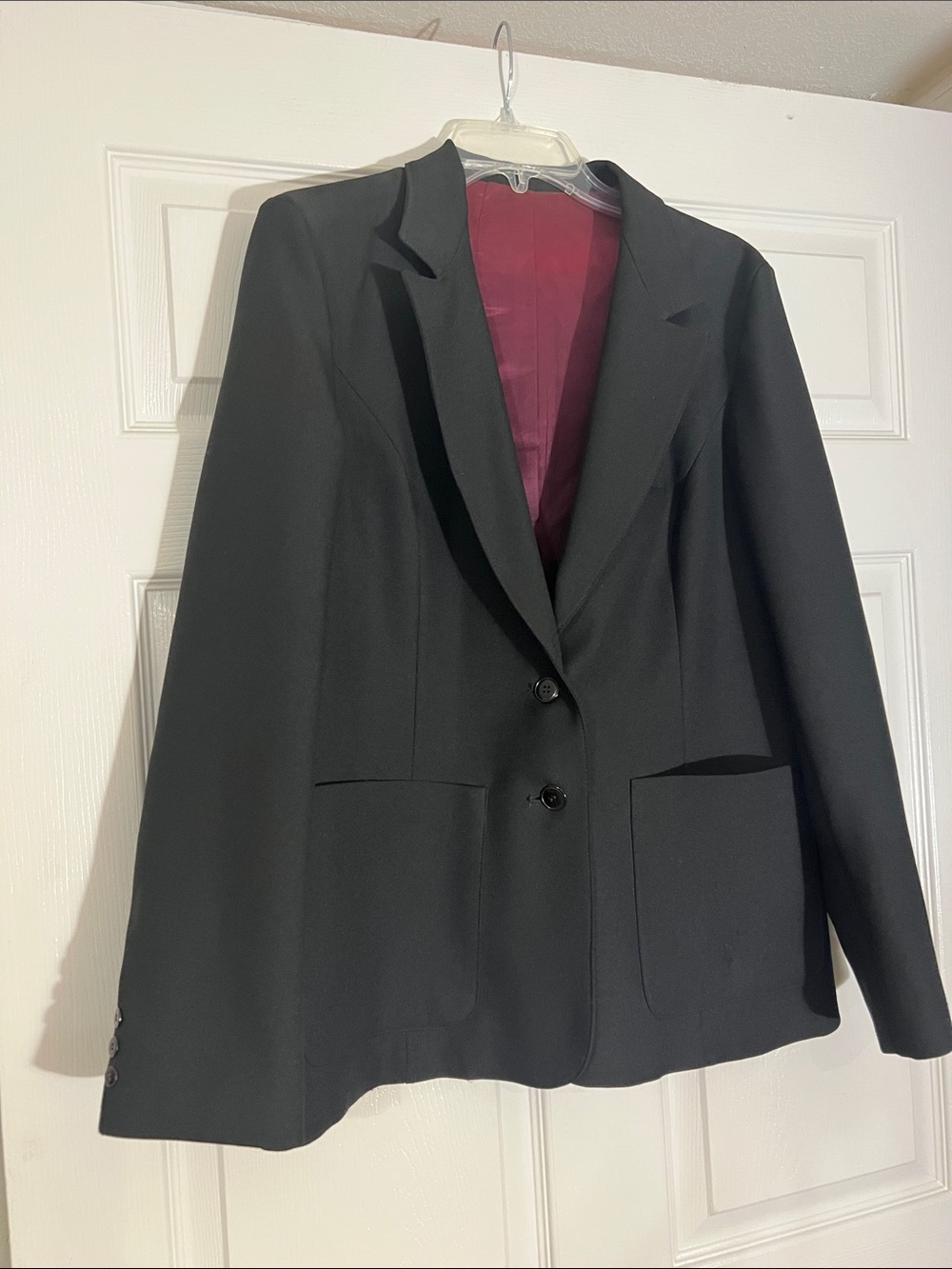 Women's Black Blazer with Burgundy Lining - Tailored Two-Button